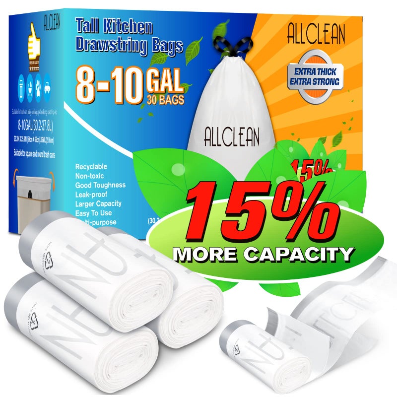 Ultra Strong Trash Bags 810 Gallon Medium Kitchen Drawstring Food Storage Plastic Garbage Bags for Kitchen Office CommercialWhite 30 Counts 8 Gal 9 Gal10 Gal
